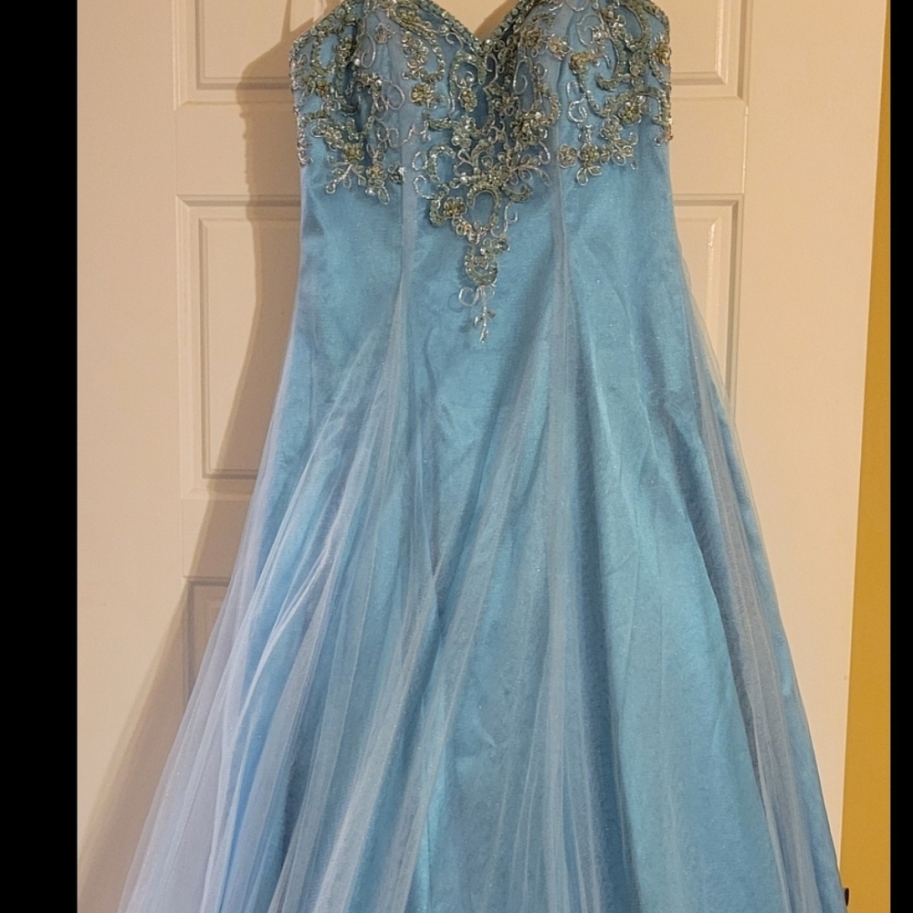 David's Bridal Strapless Blue Gown with Silver Detailing